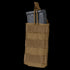 The Condor Single M4/M16 Open-Top Mag Pouch in tan holds two black rifle magazines, features front MOLLE webbing, and has a securing strap at the top.